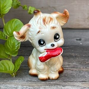 Vintage Puppy Dog Holding Red Shoe Bone China Figurine
